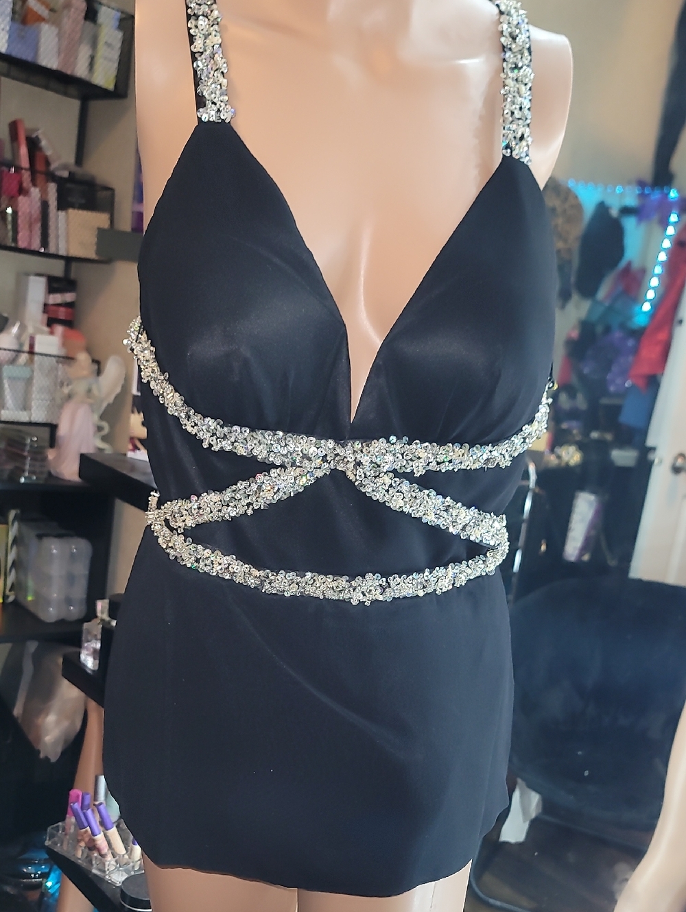 Jovani Black Mini Dress with Crystal Embellished Straps